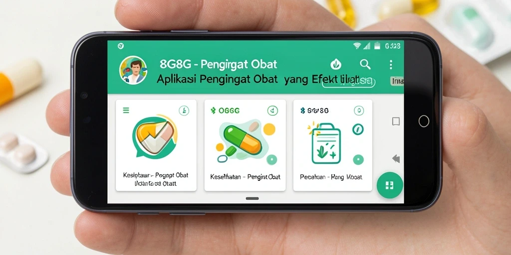 Tampilan utama aplikasi 8G8G dengan fitur pengingat obat.