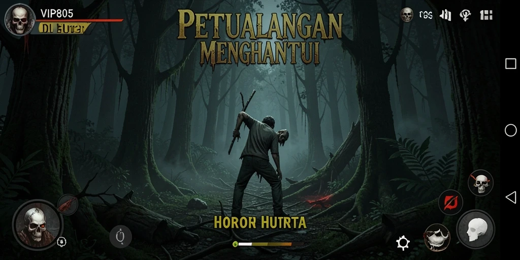 Antarmuka menakutkan dengan elemen grafis yang mendukung suasana hutan horor.